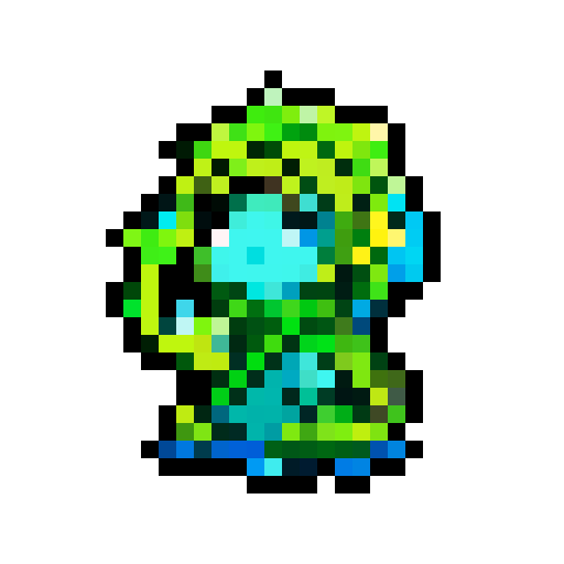 A wise, ancient guardian with a body covered in moss and vines, and deep, glowing blue eyes. It has a calm, serene expression and exudes an aura of ancient wisdom and tranquility. No background.
