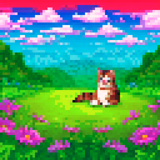 Fluffy feline lounging on a vibrant, grassy hill, surrounded by colorful wildflowers and a picturesque, blue sky backdrop