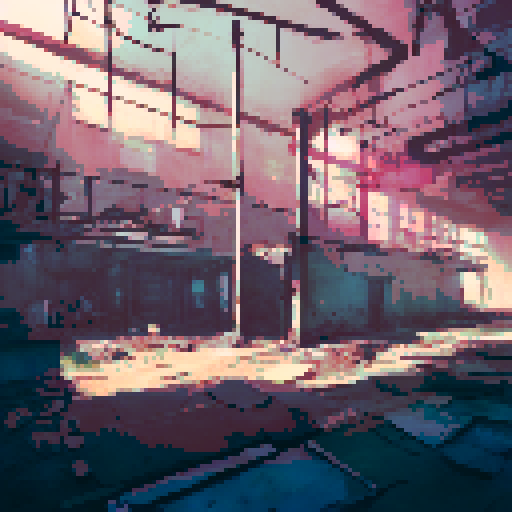 Desolate, rusted pipes and broken concrete walls, flickering neon lights casting eerie shadows in the abandoned, post-apocalyptic city building's dark, industrial interior