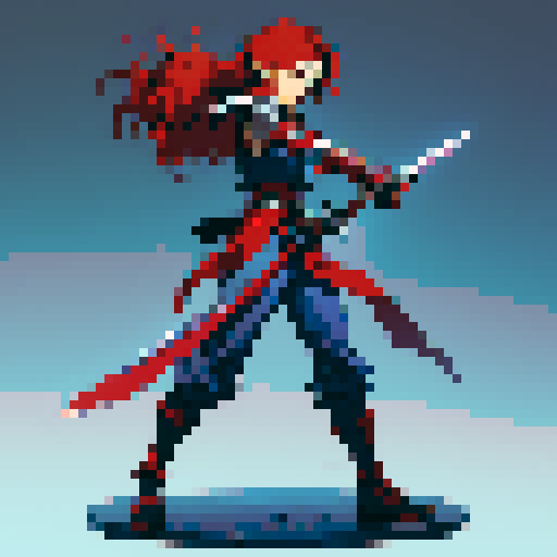 Sprite of a JRPG character with red hair, silver armor, blue pants and black shoes, holding a sword.