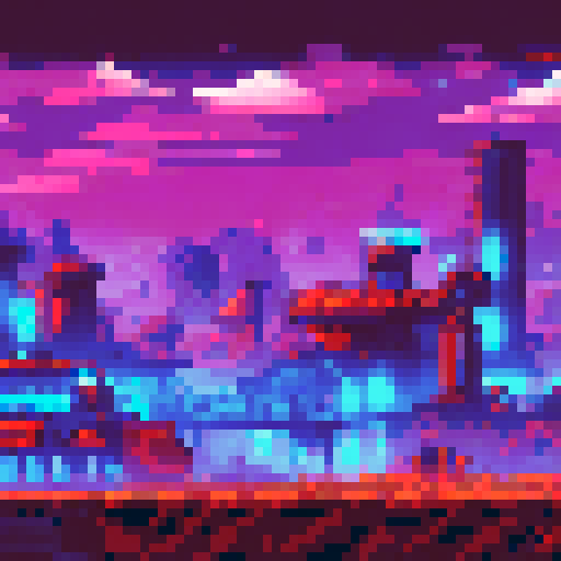 Futuristic robot factory with a run-down setting, apocalyptic atmosphere featuring a pixel art, sRGB landscape background