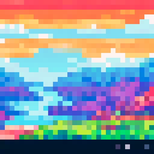 Anime character with vibrant, flowing hair in a pixel art style, against a scenic background with a breathtaking landscape