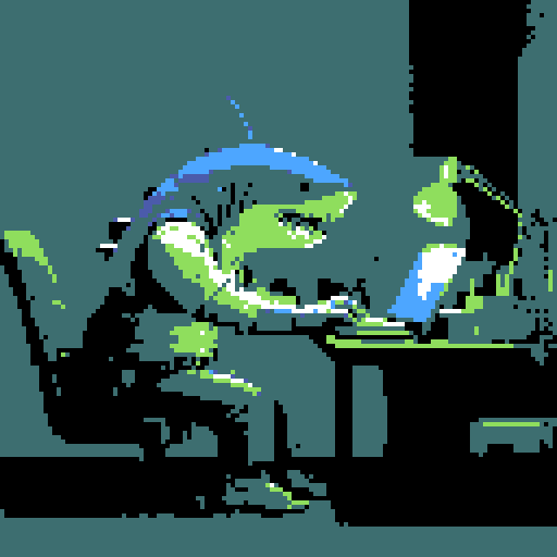 shark in suit, vintage computer, retro color palette, pixelated waves, typewriter-style keys, desk cluttered with papers, old-fashioned desk lamp, muted shades of blue
