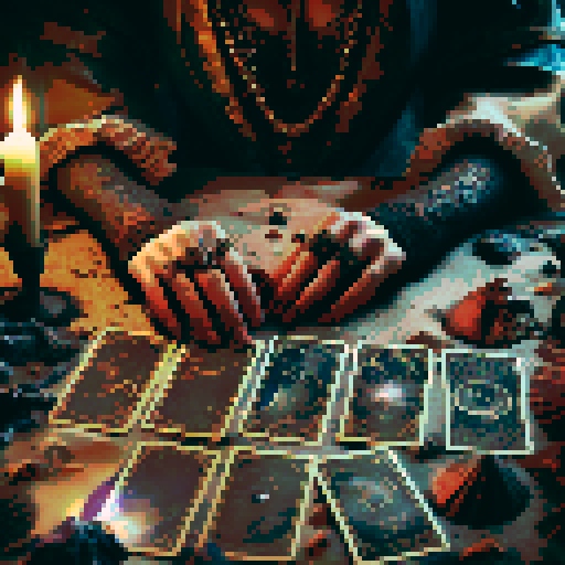 A close-up of a woman's hands over a table during a tarot card reading in a medieval dark style. The table is adorned with elements of the ocean such as sea shells, sand, and small pieces of coral. The atmosphere is mystical and dimly lit, with candlelight casting shadows that enhance the eerie and magical mood. The woman's hands are gracefully poised over the cards, which also have oceanic designs like waves and mermaids.