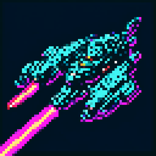 16-bit pixel art spaceship, blocky silver hull with rust patches, glowing cyan engines at the back, long cyan-magenta hyperspace trail streaming behind, black starry background, SNES retro style, 64x64px grid, limited 16-color palette, sharp pixel edges
