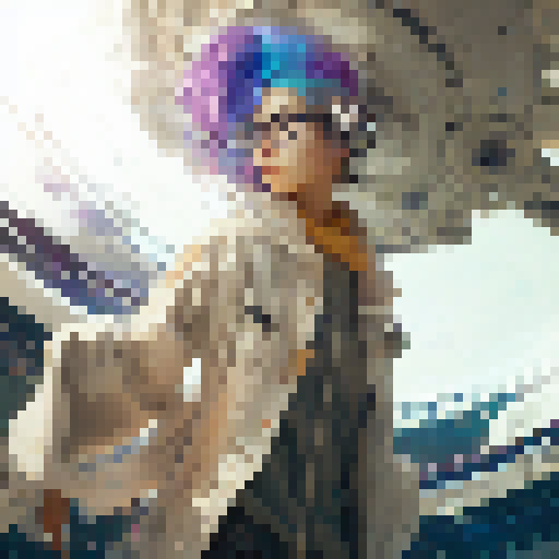 Anime-style, neon-lit, futuristic cityscape frames a rainbow-haired girl in oversized glasses and flowing dress, twirling and spinning under a starry sky.