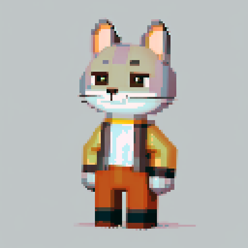 antropomorphic gray cat guy, smiling, brown pants