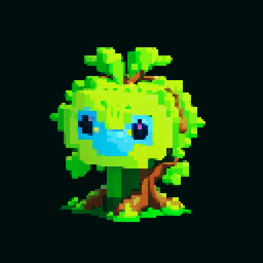 A mighty tree guardian with bark armor, large branches, and glowing blue eyes. It stands tall and proud, with flowers blooming along its limbs. It has an aura of protection and serenity. No background.
