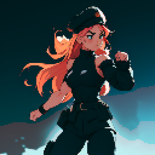 full-body image, muscle girl, female, thick biceps, big shoulders, big fists, muscular physique, thick waist, facing left, ready to fight, exaggerated proportions, black military uniform, black hat, military backdrop, sRGB, pixel art, no background, no backdrop, facing left, fists raised, ready to fight, full-body