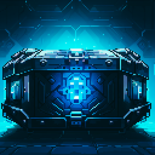 mystery box, stone, metall, shiny, pixel art, sRGB, vibrant colors, glowing lights, intricate patterns
