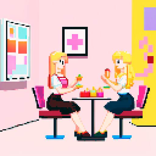 A girl with long blonde hair, pink apron, and a friend with short brown hair, sitting at a table in a nail salon, surrounded by vibrant pixel art, showcasing a playful and colorful sRGB palette