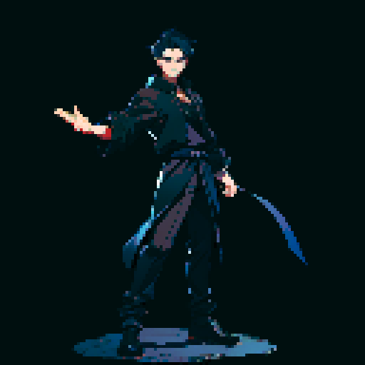 male character, black clothing, standard pose, full body, dark blue hair