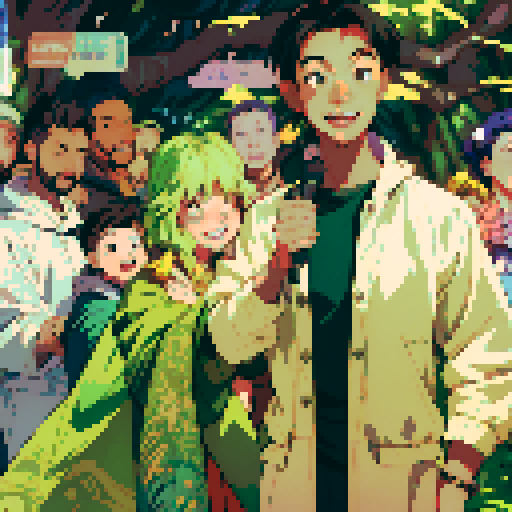 adventurers exploring a vibrant and mystical forest, surrounded by towering trees and sparkling streams, capturing their awe-struck expressions with vintage microphones, highlighting their friendly camaraderie through smiles, all depicted in a breathtaking landscape portrait with intricate character designs, showcasing the beauty of pixel art in every meticulously detailed element