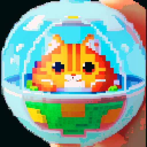 A sphere spaceship shaped like a gachapon with a clear window top. through the top window is an orange cat. cute