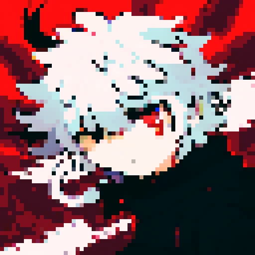 demon slayer, intense gaze, fiery red eyes, sharp fangs, determined expression, flowing black hair, anime style, pixel art, close up, character portrait