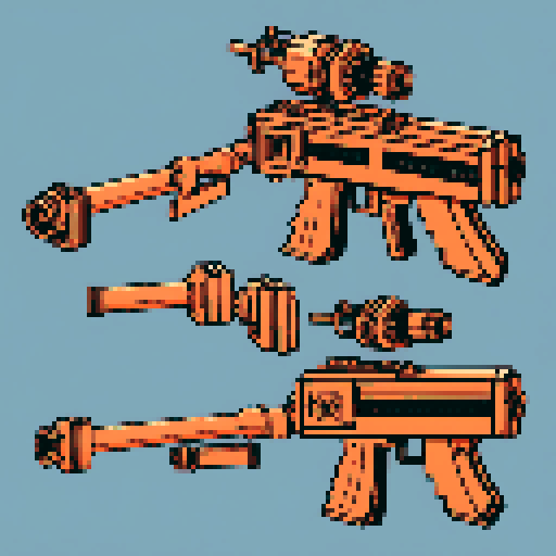 I want to see a simple copper minigun with 8 barrels floating in the center of the frame. It should have strange mechanical details that could interlock with others. I want this object usable an asset in a videogame, meaning only one object per image, outlined with a strong black stroke, on a solid-color background. 