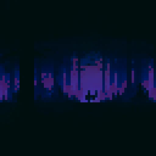 Towering trees with crooked branches, casting ominous shadows over a murky forest floor of dark green and black, rendered in vivid pixel art as a hauntingly beautiful sRGB landscape background