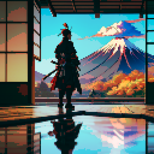Japanese samurai, on top of mountain, with unweilded sword full of blood dipping onto the floor, and with view of a burning shrine and Mt Fuji in the background.