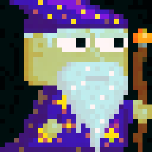 Fresh Design, Legendary Wizard v2, Change Staff To Flying Book, Mythical Wizard, 32x32 pixel art, sRGB, game icon, close up, skill art, portrait