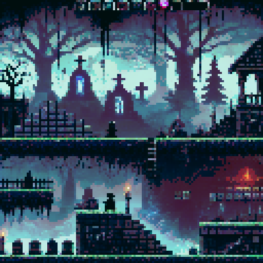 2D platformer level with 8 by 8 pixel tiles, grim vampire hunter themed.