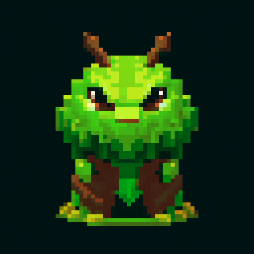 A robust, tree-like creature with bark armor, deep roots, and a protective stance. It has wise, ancient eyes and a commanding presence, ready to defend the forest. No background.
