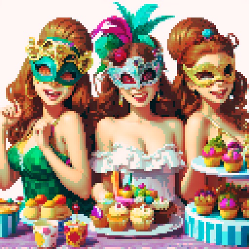  happy women in carnival costume,  in a Masquerade mask, cakes, muffins next to her