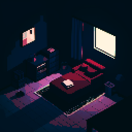 dark apartment interior at night, melancholy, depressed, lonely man's apartment, sadness, dimly lit, bare