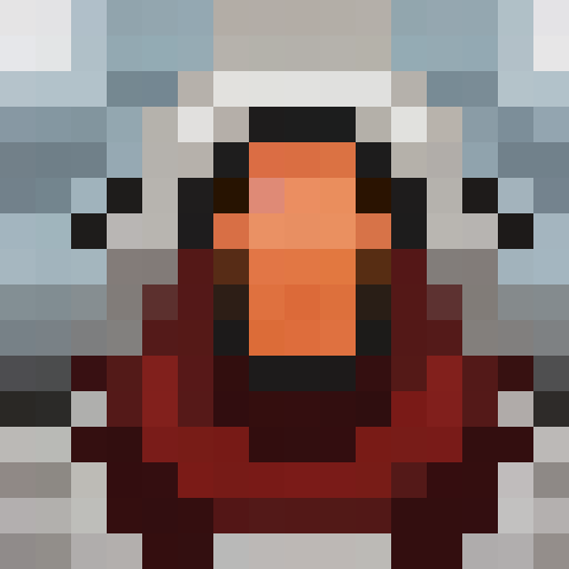 Crow's sharp beak, dark feathers, and piercing gaze staring straight ahead in a 16x16 pixel art portrait