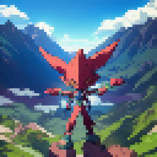 Monaka, the muscular alien with red skin, stands proudly atop a rocky mountain, his bulging biceps glistening in the bright sunlight of the anime world.