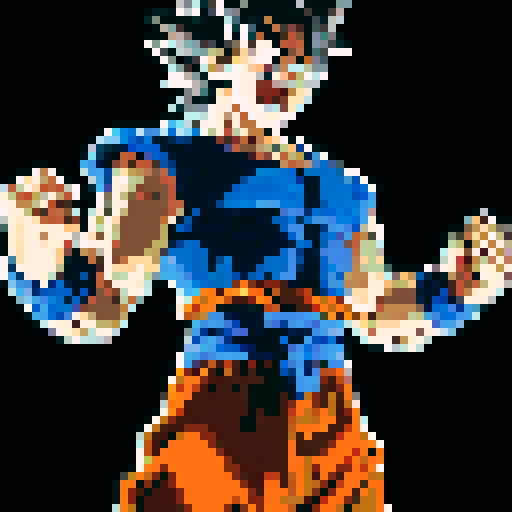 Create a 60x60 pixel art of Goku, with accurate features: spiky hair, orange and blue suit. It should mimic the anime’s style, resembling classic 8-bit video game art and be highly recognizable. try to generate this into a full body shot 