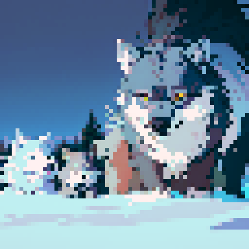 wolf, peacefully sleeping in the untouched snow, its thick grey fur blending harmoniously with the serene, uninterrupted landscape, rendered in exquisite pixel art with a 64x64 canvas, beautifully crafted to capture the enchanting, sRGB color palette