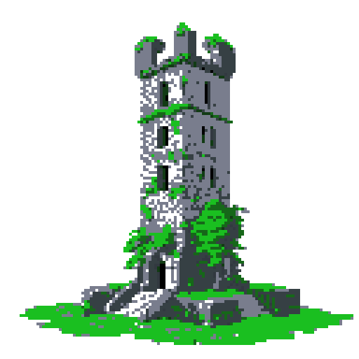2d grey stone tower in an ancient english style. Old and crumbling but still upright. Green vines crisscross it. Usable as an asset (clear, thick lines and a white background). Put a black stroke around the composition