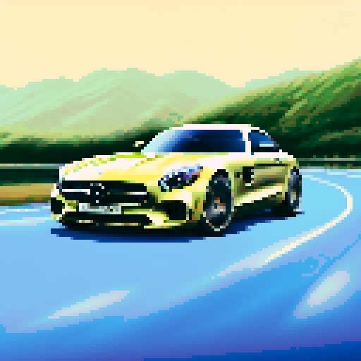 Photorealistic whole Mercedes-Benz AMG GT , three-quarter view, right front wheel, clean background, sRGB colors, pixel art style