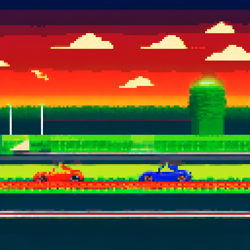 the start of the race, the race track cars are in a row, the traffic lights show green, the race begins