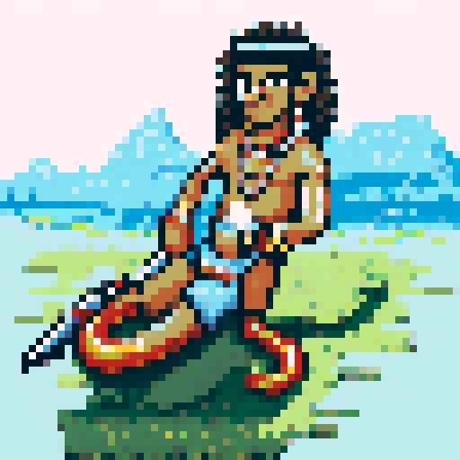 Create pixel art inspired by Aboriginal Indigenous art murals for a 2D game featuring Kurupí and Guaraní themes. Kurupí is a mythical creature from Paraguayan folklore, depicted as a small, muscular man with wild, untamed hair and a long, flexible appendage resembling a lasso. He wears minimal clothing made from natural materials and has tribal markings. The artwork should be in super high contrast, black and white, utilizing bold patterns similar to those in the provided image. Include detailed
