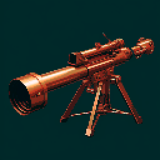 I want a copper rotary machine gun viewed from from the side. I want this object usable an asset in a videogame, meaning only one object per image, outlined with a strong black stroke, on a solid-color background.