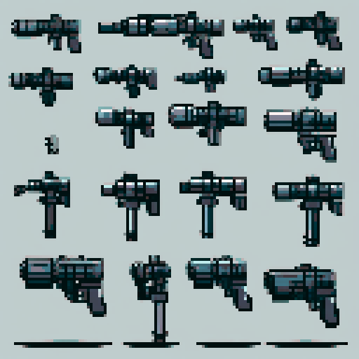 I want to see a minigun with 8 barrels floating in the center of the frame. It should have strange mechanical details that could interlock with others. I want this object usable an asset in a videogame, meaning only one object per image, outlined with a strong black stroke, on a solid-color background. 
