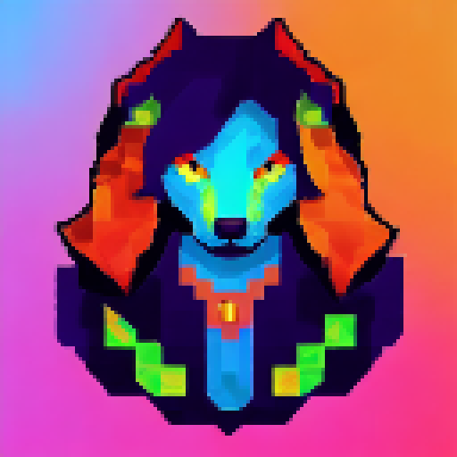 "Pixelated Flame Fox with rainbow hues, fiery aura, and piercing eyes depicted in a 16x16 pixelated portrait."