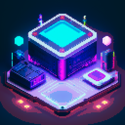futuristic 4 tier lootbox, glowing buttons, silver box center, intricate details, pixel art style, sRGB