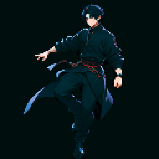 male character. black clothing. neutral pose. full body. Short, dark blue hair.