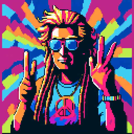 donald trump, tye dye shirt with peace sign, dreadlocks and sunglasses, pixel art, sRGB