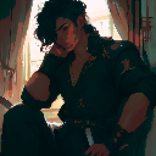 Young man in a medieval era. Neck length black hair, green eyes, handsome, sharp jawline, carrying a short sword at his waist. Window background looking to a green fantasy world.