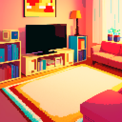 cozy living room, widescreen TV, pixel art, carpet, sRGB