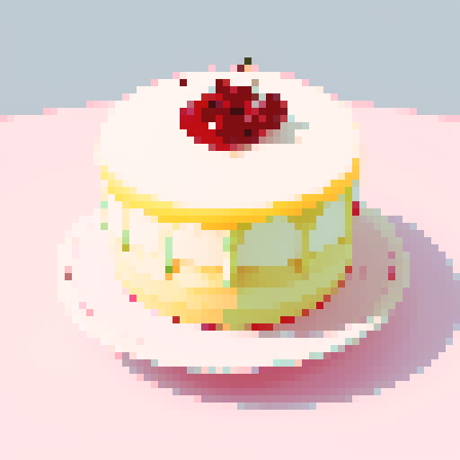 Vanilla cake with red cherries on top, doubled tiered, on a plate, pastel colors
