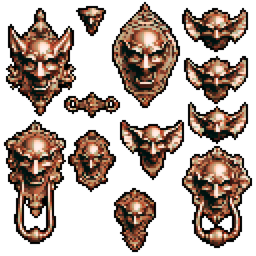 simple, geometrical pieces copper from old door knocker and gargoyles. Steampunk. It should be seen as if on a wall, with no perspective, on a solid-color background. There should one be two or three pieces in each frame, it shouldn't be complete.