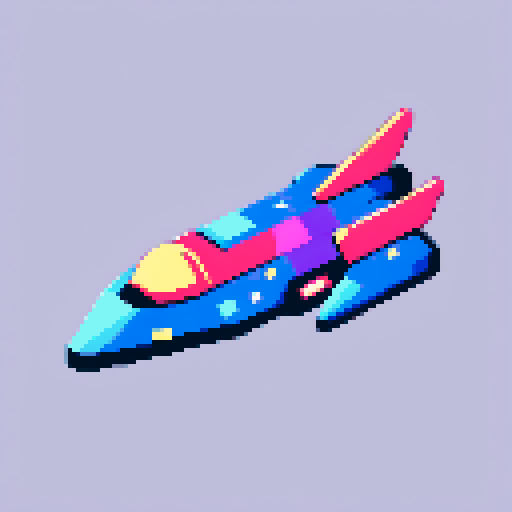 space ship, retro, vibrant colors, blocky pixels, glowing exhaust, starry background, sci-fi aesthetic, sRGB color palette, angular design, pixelated stars, neon lights