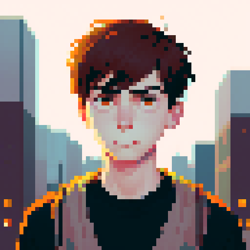 portrait, sprite art, young man, sad, narrow eyes, muted colors, depressed, city dweller, neutral