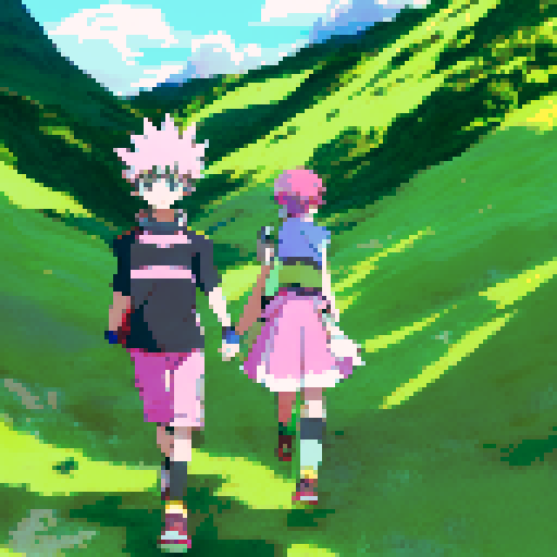 Boy with spiky hair and girl with pigtails, both wearing colorful outfits, dashing through a field of lush green grass with pink flowers, surrounded by a picturesque mountain landscape, all in vibrant anime style

