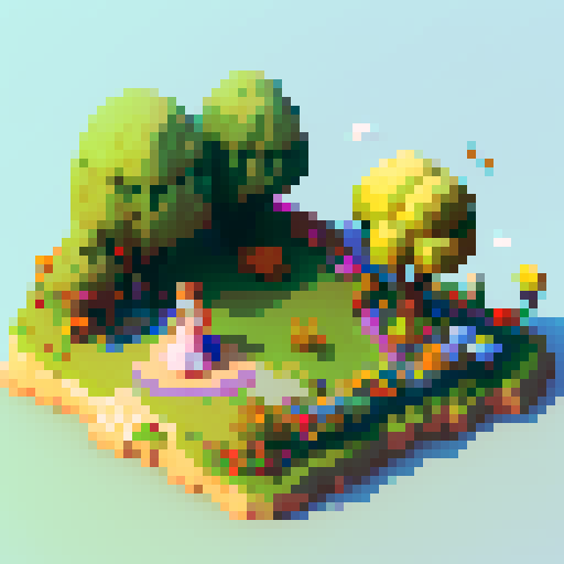 isometric 3D girl, vibrant flowers, flowing hair, quaint cottage, blue sky, puffy clouds, rolling hills, lush grass, dainty dress, smiling face, delicate features, gentle breeze, colorful butterfly