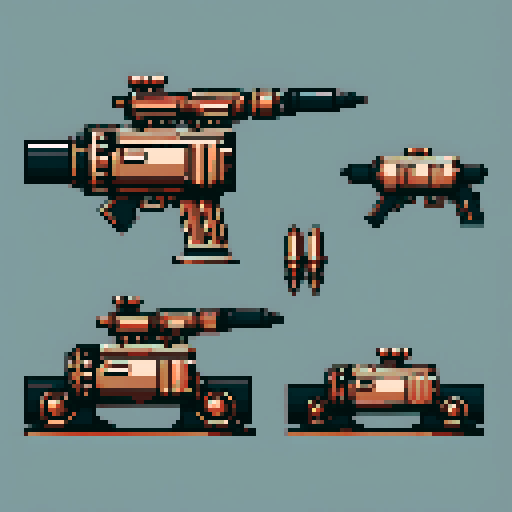 I want a tall vertical copper structure reminiscent of a minigun's barrel. It should have strange mechanical details that could interlock with each other. I also want this object usable an asset in a videogame, meaning only one object per image, outlined with a strong black stroke, on a solid-color background.